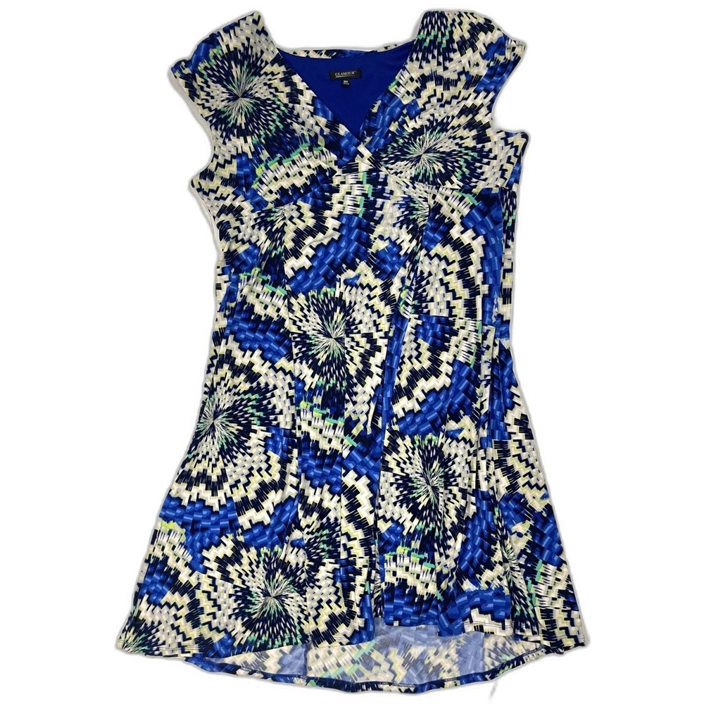 Glamour Blue Geometric Sunburst Faux Wrap Cap Sleeve Dress 18W Plus Curvy